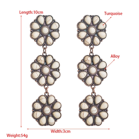 Vintage Bohemian Three-Layer Flower Dangle Earrings Bronze Alloy White Turquoise Ethnic Geometric Drop Earrings For Women