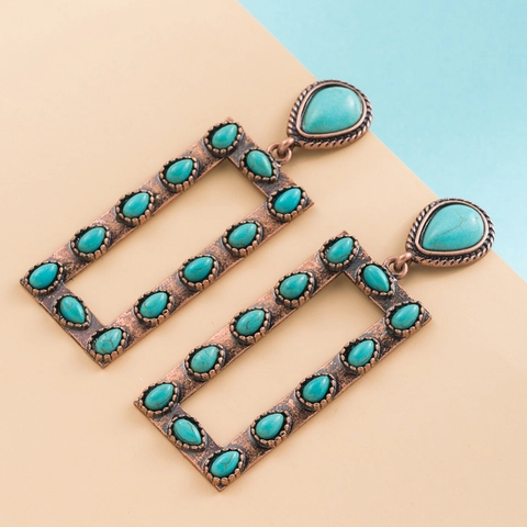 Vintage Bohemian Legierung Rechteckige Ohrhänger Mit Wassertropfen Türkis Edelsteinen Retro Kupfer Finish Damen Schmuck