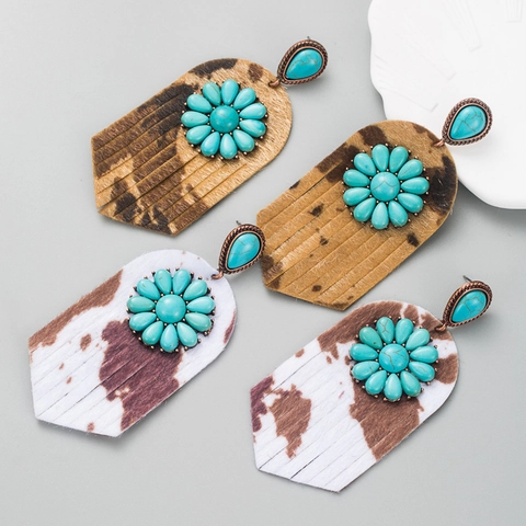 Boucles d'Oreilles Pendantes Vintage Bohème Alliage Turquoise Imprimé Léopard Vache Similicuir Franges Pour Femmes Bijoux