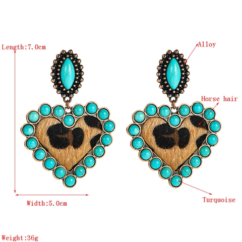 Boheems Hart Hangoorbellen Met Luipaardprint Imitatiebont Legering Turkoois Kralen Retro Statement Oorbellen Voor Vrouwen