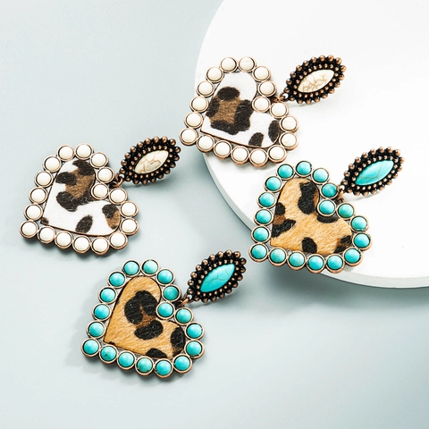 Boheems Hart Hangoorbellen Met Luipaardprint Imitatiebont Legering Turkoois Kralen Retro Statement Oorbellen Voor Vrouwen