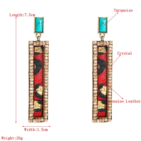 Bohemian Alloy Rectangle Drop Earrings With Artificial Turquoise And Leopard Print Synthetic Leather Rhinestone Vintage Earrings For Women