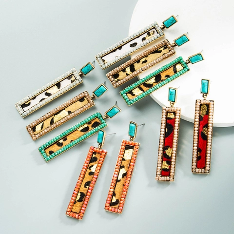 Bohemian Alloy Rectangle Drop Earrings With Artificial Turquoise And Leopard Print Synthetic Leather Rhinestone Vintage Earrings For Women