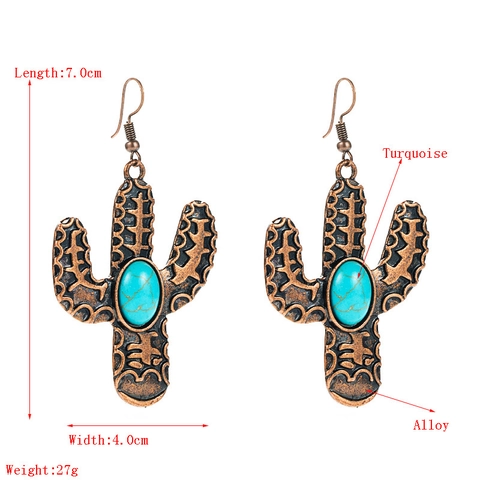 Retro Bohemian Cactus Drop Earrings For Women Western Style Alloy Copper Plated Synthetic Turquoise Jewelry Accessories