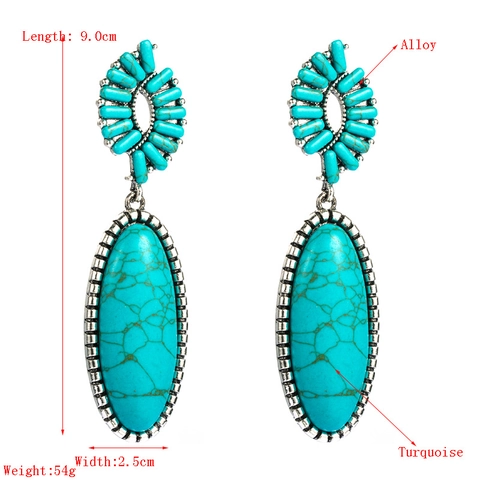 Boucles d'oreilles Pendantes Vintage Bohémien en Alliage Turquoise Style Ethnique Grandes Boucles d'oreilles Géométriques Ovales Femme