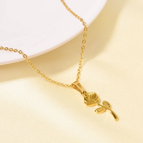 304 Stainless Steel Rose Flower Pendant Necklace For Women Dainty Floral Link Chain Minimalist Jewelry Gift Steel Gold Plated