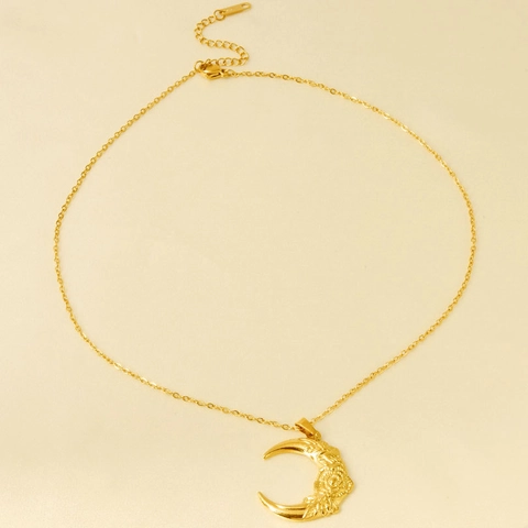 Collar Vintage de Acero Inoxidable con Colgante de Luna Creciente y Rosa para Mujeres Hombres Joyería Punk Hip Hop