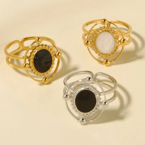 Anello Aperto Celeste Vintage in Acciaio Inossidabile 304 per Donna Design Traforato Smalto Motivo Planetario Anello Regolabile Gioielli