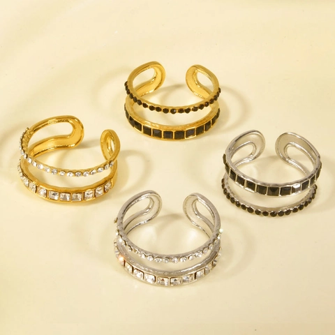 304 Edelstahl Doppelschicht Strass Offener Ring Für Damen Verstellbarer Minimalistischer Geometrischer Fingerring Schmuck
