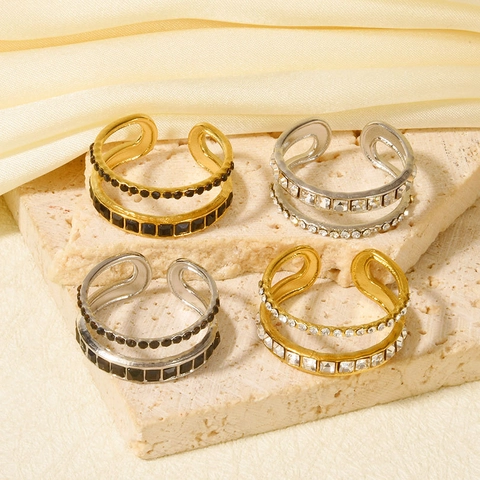 304 Edelstahl Doppelschicht Strass Offener Ring Für Damen Verstellbarer Minimalistischer Geometrischer Fingerring Schmuck