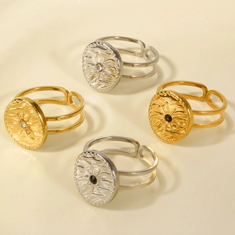 Anello Aperto in Acciaio Inossidabile 304 Raggi di Sole Placcato Oro 18K Moneta Rotonda Regolabile Con Strass Gioielli Donna
