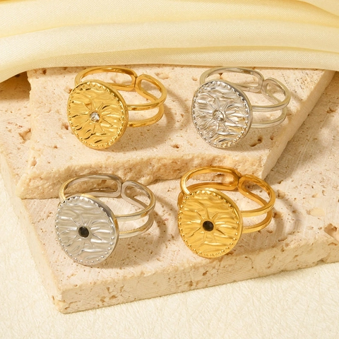 Anello Aperto in Acciaio Inossidabile 304 Raggi di Sole Placcato Oro 18K Moneta Rotonda Regolabile Con Strass Gioielli Donna