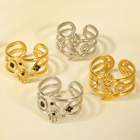 304 Stainless Steel Open Ring For Women Rhinestone Hamsa Hand Crescent Moon Bohemian Polished Gold Silver Finger Ring