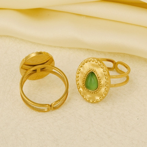 Vintage 304 Edelstahl Offen Ring Für Damen Minimalist Design Grün Naturstein Wassertropfen Verstellbar Fingerring Schmuck