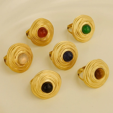 Vintage Palast-Stil 304 Edelstahl Ring Mit Naturstein Eingelegt Geometrisch Rund Verstellbar Offen Damen Schmuck