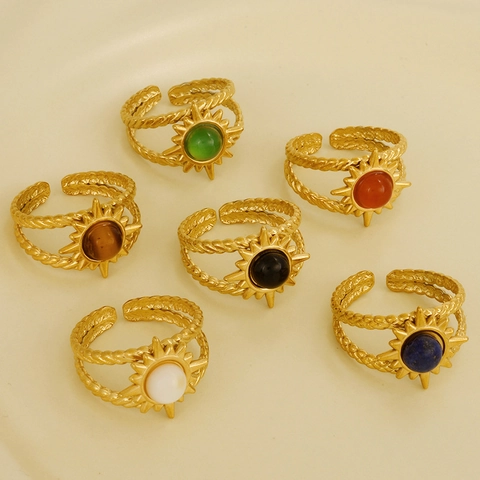 Retro 304 Edelstahl Sonnenstern Naturstein Offener Ring Für Damen Böhmisch Vergoldet Verstellbarer Fingerschmuck