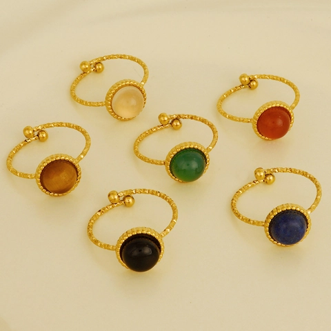 Edelstahl Naturstein Ring Rund Eingelegt Verstellbarer Offener Fingerring 18K Vergoldet Vintage Luxus Schmuck Für Damen