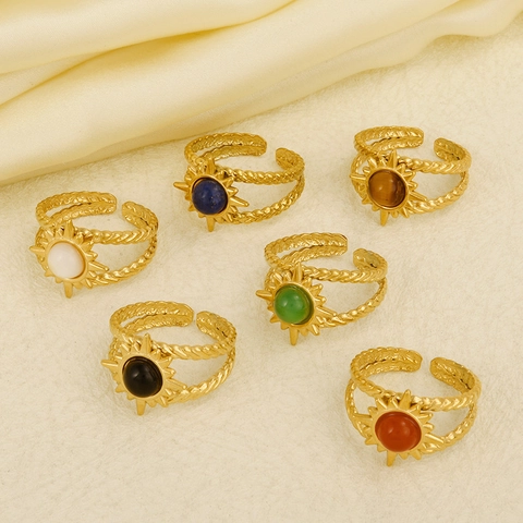 Retro 304 Edelstahl Sonnenstern Naturstein Offener Ring Für Damen Böhmisch Vergoldet Verstellbarer Fingerschmuck