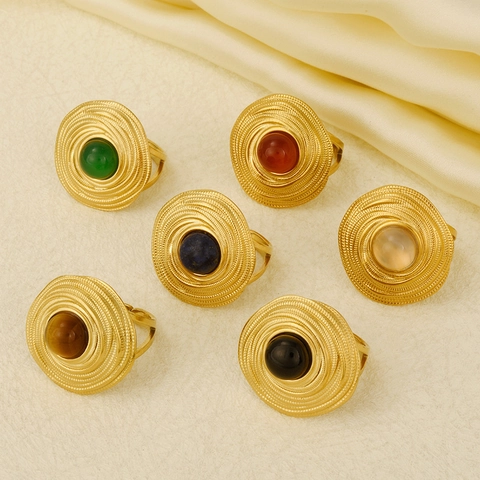 Vintage Palast-Stil 304 Edelstahl Ring Mit Naturstein Eingelegt Geometrisch Rund Verstellbar Offen Damen Schmuck