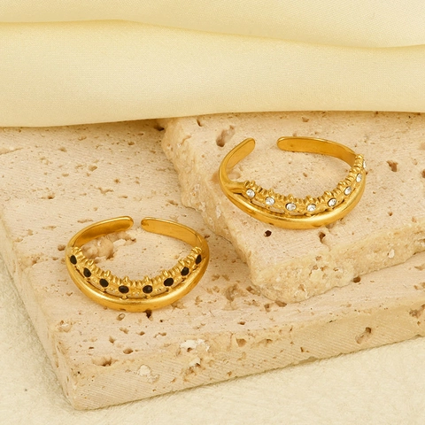 Women Chic 18K Gold Plated Stainless Steel Double Layer Open Adjustable Ring Geometric White Black Zirconia Inlaid Jewelry