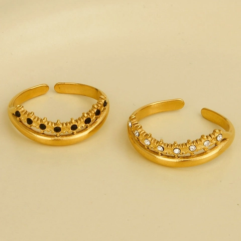 Women Chic 18K Gold Plated Stainless Steel Double Layer Open Adjustable Ring Geometric White Black Zirconia Inlaid Jewelry
