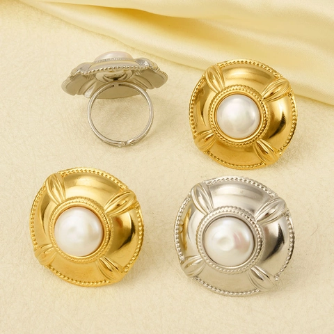 Französischer Retro Künstliche Perle Offener Ring 304 Edelstahl Verstellbar Schildform Barock Stil Minimalistischer Schmuck Damen