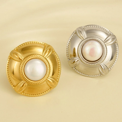 Französischer Retro Künstliche Perle Offener Ring 304 Edelstahl Verstellbar Schildform Barock Stil Minimalistischer Schmuck Damen