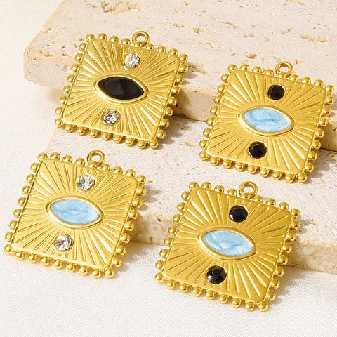 Colgante Cuadrado de Ojo Turco de Acero Inoxidable 304 con Borde de Cuentas y Esmalte Accesorio para Joyería DIY