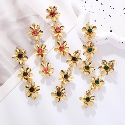 Übertriebene Legierung Blume Strass Hängende Ohrringe Für Damen Vintage Vergoldet Lange Florale Tropfenohrringe Party Schmuck