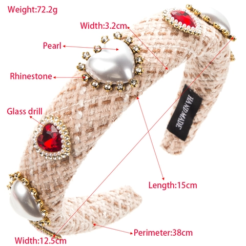 Cerchietto da Donna in Stile Coreano Tweed con Perla Artificiale e Strass a Forma di Cuore Cristallo Eleganti Accessori per Capelli