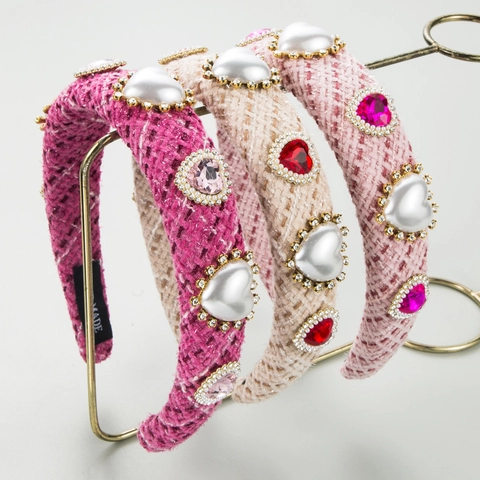 Cerchietto da Donna in Stile Coreano Tweed con Perla Artificiale e Strass a Forma di Cuore Cristallo Eleganti Accessori per Capelli