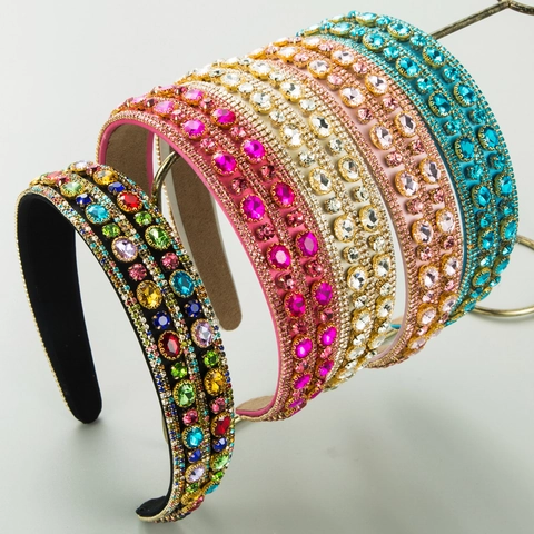 Baroque Retro Colorful Glass Rhinestone Padded Headband Wide Pave Crystal Hair Band Party Fashion Women Hair Accessories
