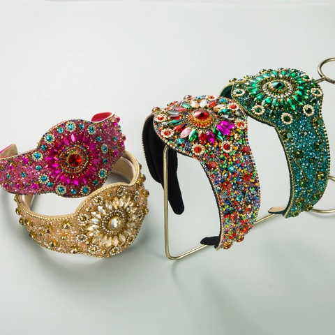 Baroque Wide Pave Rhinestone Headband Alloy Fabric Handcrafted Jewel Embellished Floral Vintage Hair Hoop Accessory For Women