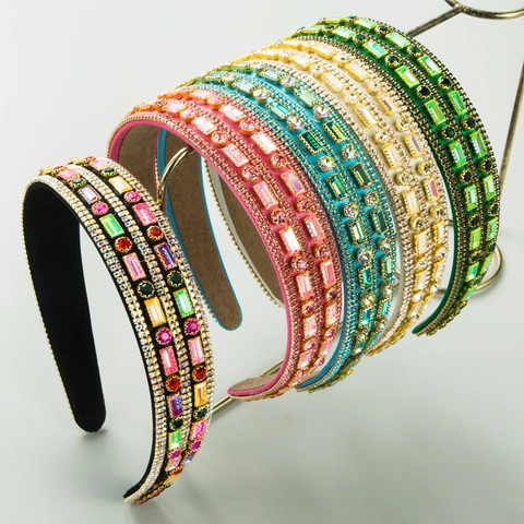 Baroque Padded Rhinestone Crystal Wide Headband For Women Luxury Vintage Multicolor Gemstone Sparkly Hair Hoop Jewelry Accessory
