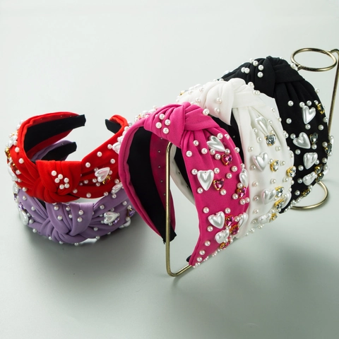Cerchietto Imbottito Annodato Barocco da Donna Vintage Cuore Strass Perla Artificiale Accessorio per Capelli Elegante Gioielli