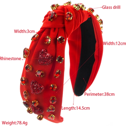 Diadema Ancha Anudada Barroca Vintage Corazón Rojo Strass Cristal Accesorios Elegantes para el Cabello Mujer Fiesta Boda