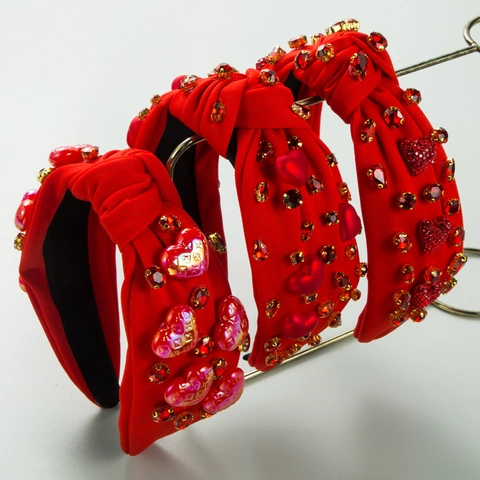 Diadema Ancha Anudada Barroca Vintage Corazón Rojo Strass Cristal Accesorios Elegantes para el Cabello Mujer Fiesta Boda