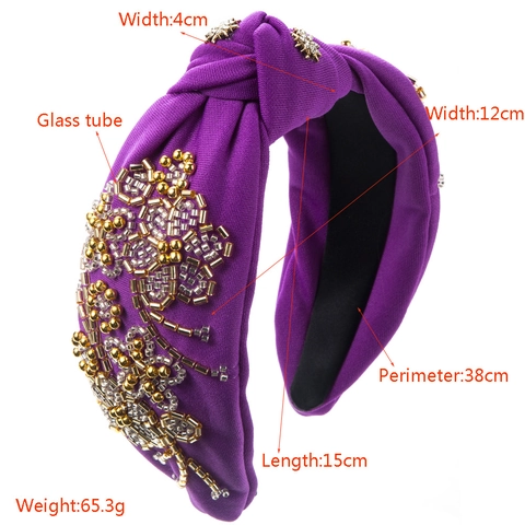 Fashion Knotted Fabric Headband For Women Wide Handmade Beaded Floral Rhinestone Hair Accessories Vintage Bohemian Hairband