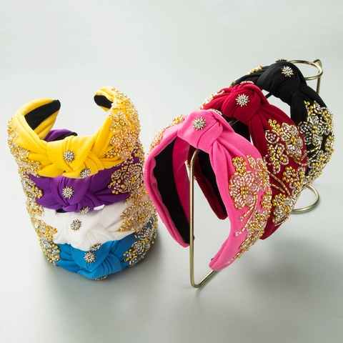 Fashion Knotted Fabric Headband For Women Wide Handmade Beaded Floral Rhinestone Hair Accessories Vintage Bohemian Hairband