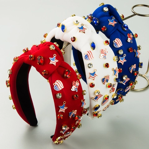 Dames Geknoopte Haarband USA Vlag Onafhankelijkheidsdag Patriotische Hoofdband Rood Wit Blauw Strass Sterren Emaille Bedeltjes Haaraccessoires
