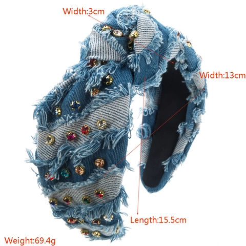 Cerchietto Donna Vintage in Tessuto Denim con Nodo Largo Bordo Sfilacciato Distressed e Strass Decorativi Accessorio Moda