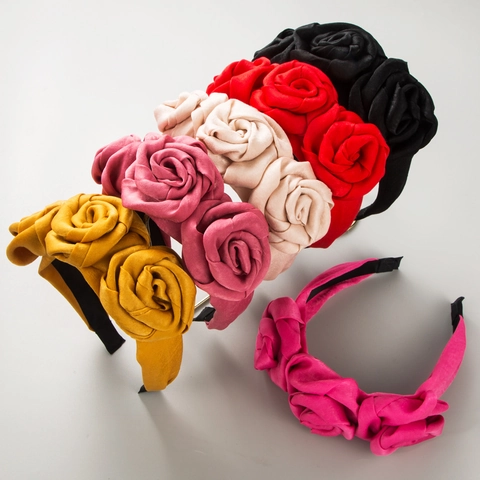 Diadema de Flores de Rosa 3D Hecha a Mano Vintage Aleación Tela de Satén Floral para Mujer Moda Fiesta Boda Accesorios para Cabello