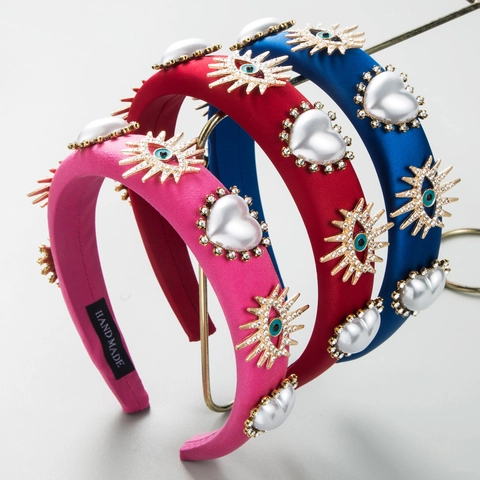 Cerchietto Imbottito Barocco per Donna Cuore Perla Artificial Sintetica Strass Malocchio Vintage Fascia per Capelli in Raso Accessori Moda