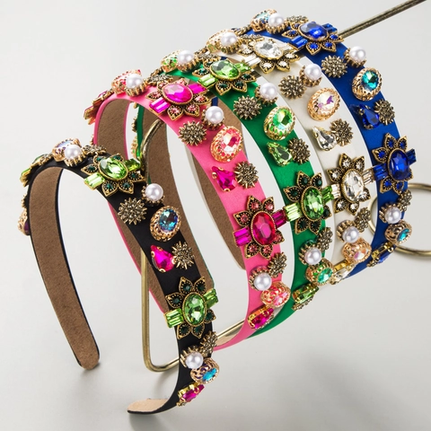 Baroque Rhinestone Artificial Pearl Headband For Women Vintage Luxurious Satin Floral Inlaid Headwear Elegant Party Outing Hair Accessories