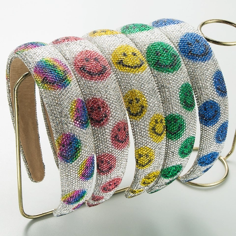 Cerchietto Imbottito Barocco Con Motivo a Faccina Sorridente in Strass Colorati per Donna Vintage Fascia per Capelli Scintillante