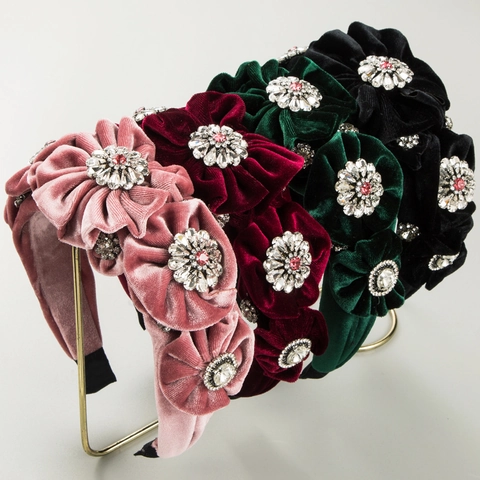 Luxury Vintage Velvet Flower Headband For Women Handmade Pave Rhinestone Wide Hair Band Fashion Party Hair Accessories