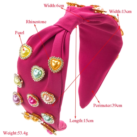 Damen Mode Stoff Gepolstertes Stirnband Mit Buntem Strass Herz Und Künstlicher Perle Breit Top Knot Haarreifen Für Party Täglich