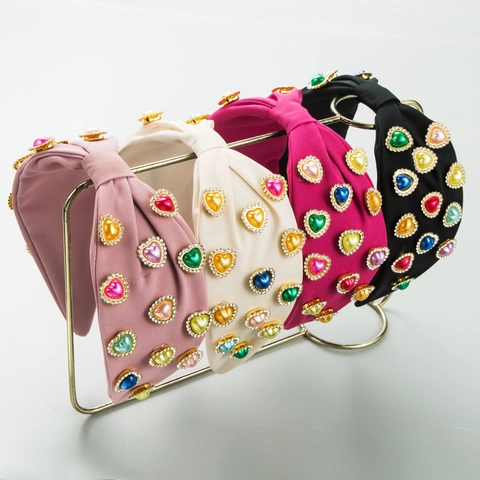 Damen Mode Stoff Gepolstertes Stirnband Mit Buntem Strass Herz Und Künstlicher Perle Breit Top Knot Haarreifen Für Party Täglich