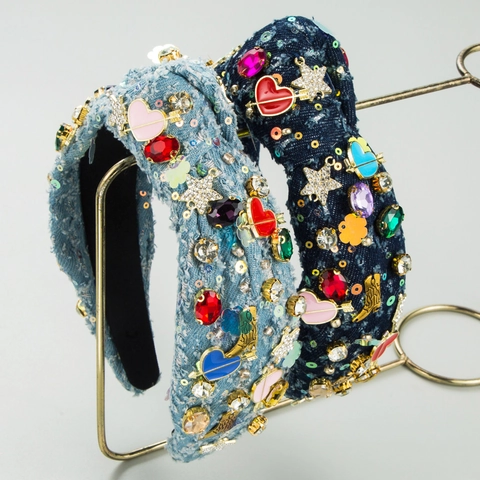 Luxury Denim Fabric Headband For Women Hand Sewn Rhinestone Heart Star Bohemian Vintage Fashion Hair Accessories