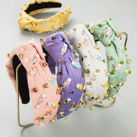 Baroque Knotted Wide Headband For Women Vintage Fabric Rhinestone Artificial Pearl Ice Cream Charms Enamel Hair Band Accessories